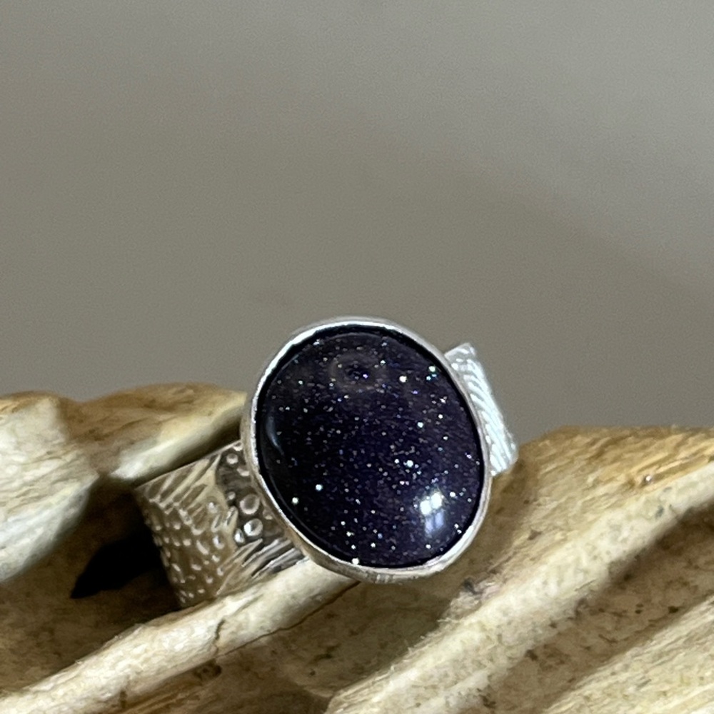 Blue Goldstone and Sterling Silver Ring with Vintage Detailing